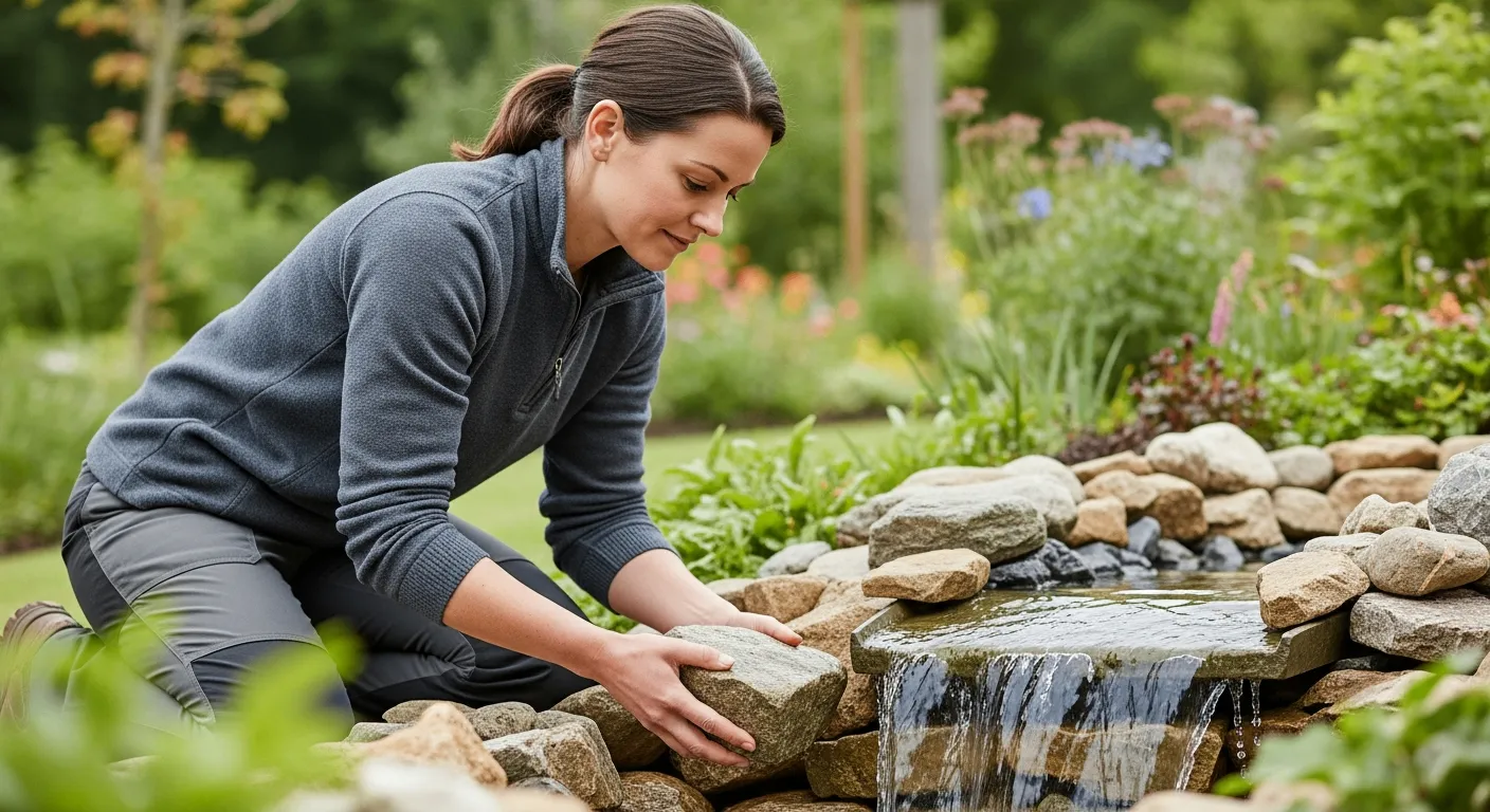 A woman builds a stone water feature in a garden.
