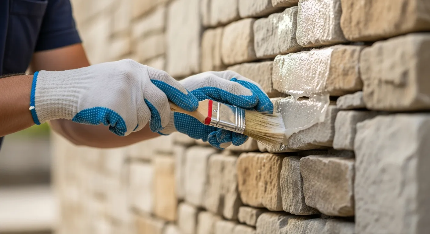 A stonemason is waterproofing a stone wall.